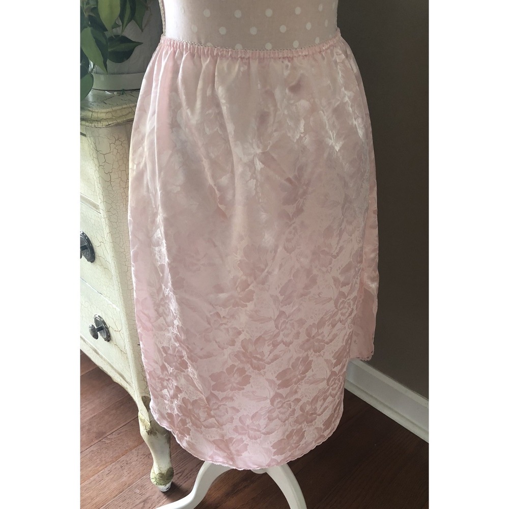 Vtg Pink Half Slip 25" Skirt Silky Nylon Floral Lace Lingerie USA Women's Medium